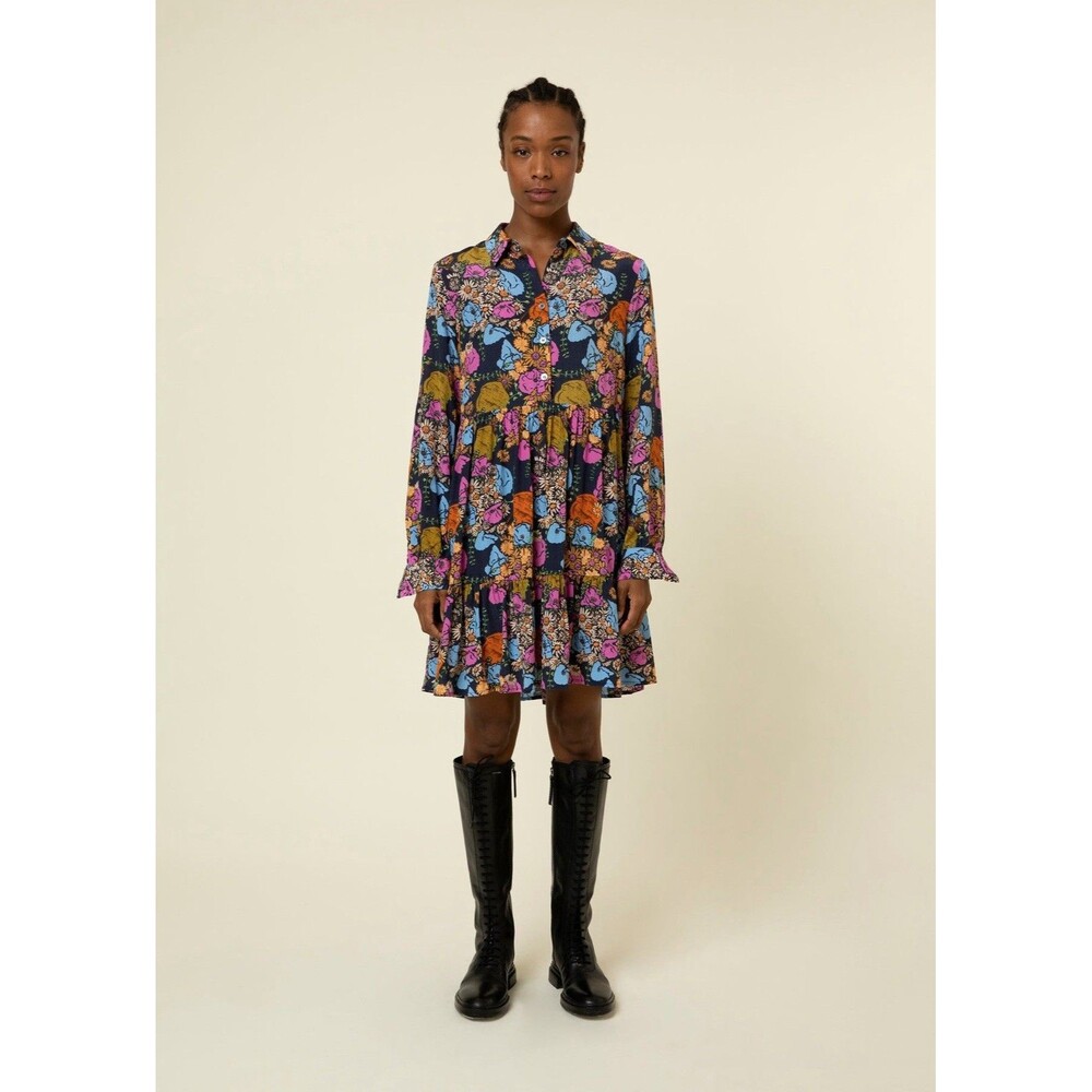 Fatima Mano Mano Print Floral Smock Shirt Dress BY FRNCH Large MSRP $150